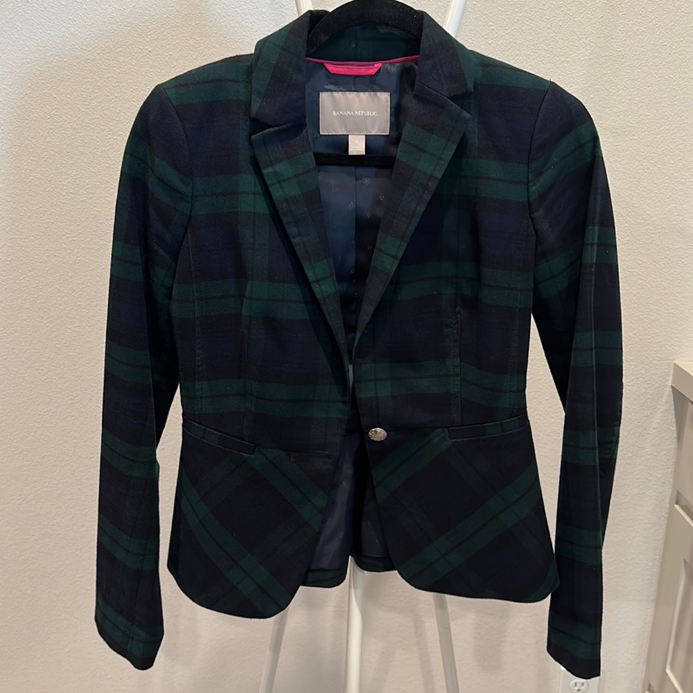 Banana Republic navy watch plaid one button blazer